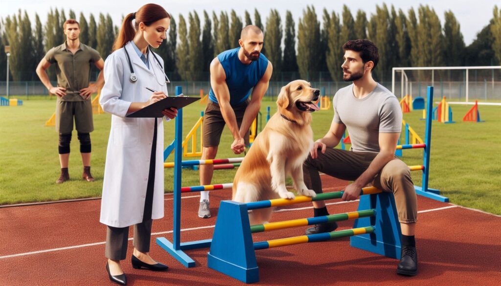 fotografia realistica di uno priscologo che in una dog training area attrezzata con salti aiuta la